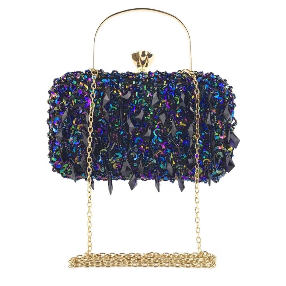 Huffs Multicolor Beaded Clutch with Gold Chain